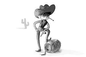 Karykatura kowboja stojącego z jedną nogą na beczce, z papierosem w ustach i pistoletem w dłoni na tle kaktusa