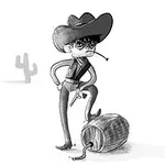 Karykatura kowboja stojącego z jedną nogą na beczce, z papierosem w ustach i pistoletem w dłoni na tle kaktusa