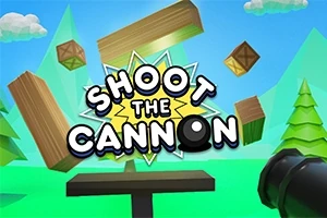 Scena z armatą, unoszącymi się drewnianymi skrzynkami i klockami w kolorowej, kreskówkowej grafice z napisem Shoot the Cannon