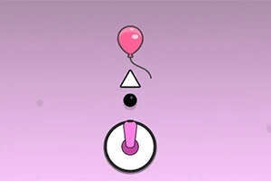 Różowy balon unosi się nad białym trójkątem, czarną kropką i różowym joystickiem na fioletowym tle