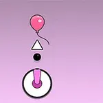 Różowy balon unosi się nad białym trójkątem, czarną kropką i różowym joystickiem na fioletowym tle
