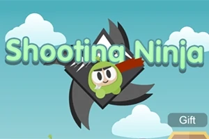 Zielony ninja z czerwonym szalikiem na tle nieba i chmur, otoczony czarną gwiazdą, z napisem Shooting Ninja