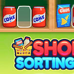 Koszyk na zakupy z napojami i chipsami oraz napis Shop Sorting 2 z rysunkową ręką wskazującą na półkę