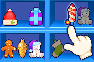 Rysunkowe półki z zabawkami i świątecznymi przedmiotami, w tym czapką, prezentem, misiem, piernikiem, rękawicą i fajerwerkami, z ikoną ręki wskazującej jeden z przedmiotów