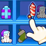 Rysunkowe półki z zabawkami i świątecznymi przedmiotami, w tym czapką, prezentem, misiem, piernikiem, rękawicą i fajerwerkami, z ikoną ręki wskazującej jeden z przedmiotów