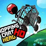 Postać w czerwonym kasku jadąca na wózku sklepowym w powietrzu na tle zielonego wzgórza i błękitnego nieba