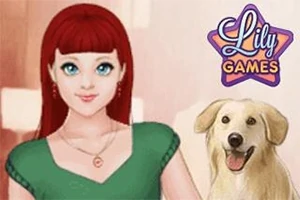 Kobieta o długich czerwonych włosach w zielonej bluzce stoi obok uśmiechniętego psa, obok logo Lily Games