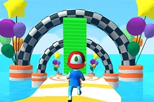 Postać w kolorowym ubraniu biegnie po ścieżce z łukami w tle, otoczonej balonami i kolorowymi elementami