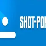 Biała piłka i paletka na niebieskim tle z napisem SHOT-PONG