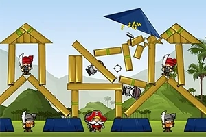 Postacie piratów w czerwonobiałych i czarno-białych strojach na tle konstrukcji z drewna na zielonym krajobrazie