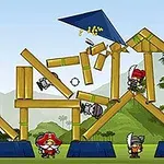 Postacie piratów w czerwonobiałych i czarno-białych strojach na tle konstrukcji z drewna na zielonym krajobrazie