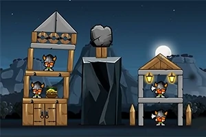 W nocy w krajobrazie znajdują się dwie drewniane wieże z postaciami wikingów i góra w tle