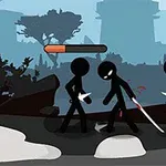 Czarny ludzik z mieczem walczy z dwoma innymi postaciami w cienistym tle krajobrazu