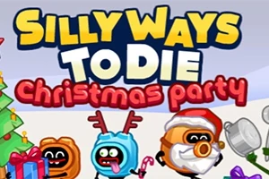 Kolorowi, animowani bohaterowie w świątecznych przebraniach z napisem Silly Ways to Die Christmas Party na tle choinki i prezentów
