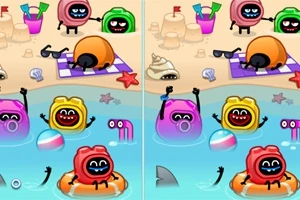 Kolorowe postacie w kształcie żelków bawią się na plaży i w wodzie, otoczone plażowymi akcesoriami i morskimi motywami