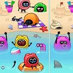 Kolorowe postacie w kształcie żelków bawią się na plaży i w wodzie, otoczone plażowymi akcesoriami i morskimi motywami