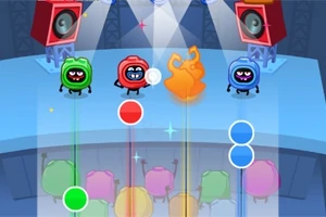 Trzy postacie stoją na scenie z kolorowymi spadającymi nutami na pierwszym planie, otoczone światłami reflektorów i dużymi głośnikami