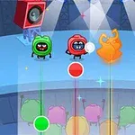 Trzy postacie stoją na scenie z kolorowymi spadającymi nutami na pierwszym planie, otoczone światłami reflektorów i dużymi głośnikami