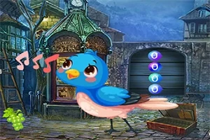 Niebieski ptak z różowymi nutkami unoszący się w otoczeniu ulicy z zegarem i budynkami w tle