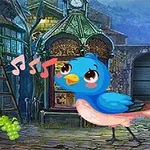 Niebieski ptak z różowymi nutkami unoszący się w otoczeniu ulicy z zegarem i budynkami w tle