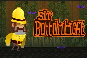 Postać w żółtym stroju i kasku stoi w dżungli obok napisu Sir Bottomtight, a nad nią unoszą się nietoperze