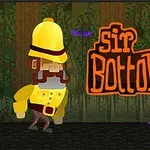 Postać w żółtym stroju i kasku stoi w dżungli obok napisu Sir Bottomtight, a nad nią unoszą się nietoperze