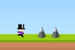 Pikselowy postać w cylindrze biegnąca w kierunku dwóch kolców na zielonym tle