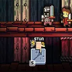 Dwóch pikselowych rycerzy walczy na drewnianej platformie, poniżej której znajduje się ikona z dłonią wskazującą na klawisz S oraz napis STUN