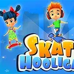 Postacie dzieci i dinozaur na deskorolkach z napisem Skate Hooligans na niebieskim tle