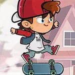 Chłopiec w czapce z daszkiem i kurtce skacze na deskorolce na tle domów