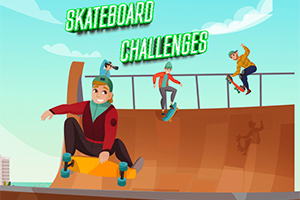 Trzech skateboarderów wykonujących triki na rampie pod błękitnym niebem, z napisem Skateboard Challenges w tle