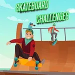 Trzech skateboarderów wykonujących triki na rampie pod błękitnym niebem, z napisem Skateboard Challenges w tle