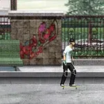 Postać na rolkach przemieszczająca się po miejskim chodniku z murkiem pokrytym graffiti i ławką w tle