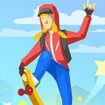 Postać w czerwonej bluzie z kapturem wykonująca trik na deskorolce z unoszącymi się wokół gwiazdkami na tle nieba