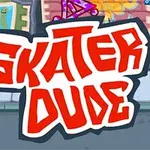 Napis Skater Dude w stylu graffiti na tle miejskiej ulicy z kolorowymi plakatami i graffiti na ścianach