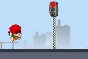 Chłopiec na deskorolce skaczący przez barierkę obok sygnalizacji świetlnej z czerwonym światłem na tle miejskiego krajobrazu