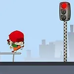 Chłopiec na deskorolce skaczący przez barierkę obok sygnalizacji świetlnej z czerwonym światłem na tle miejskiego krajobrazu