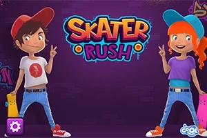 Dwoje animowanych dzieci w kolorowych ubraniach trzymających deskorolki na tle graffiti z napisem Skater Rush