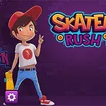 Dwoje animowanych dzieci w kolorowych ubraniach trzymających deskorolki na tle graffiti z napisem Skater Rush