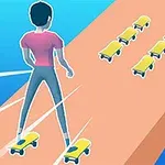 Postać na deskorolkach jedzie wzdłuż platformy z wieloma żółtymi deskorolkami rozmieszczonymi przed nią na tle niebieskiego nieba