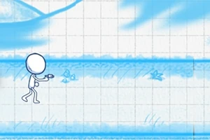 Postać z narysowaną postacią ludzika trzymającego broń, poruszająca się po niebieskim tle z roślinnymi elementami