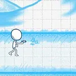 Postać z narysowaną postacią ludzika trzymającego broń, poruszająca się po niebieskim tle z roślinnymi elementami