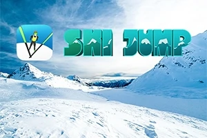 Zaśnieżone góry z jasnozielonym napisem Ski Jump i ikoną narciarza w lewym górnym rogu