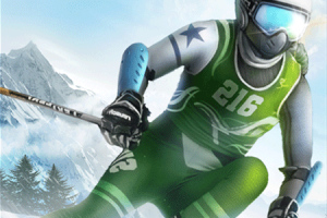 Narciarz w zielonym stroju i kasku zjeżdżający po ośnieżonym stoku górskim