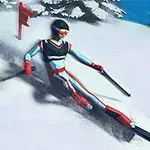 Narciarz w kolorowym stroju zjeżdża po stoku omijając czerwone chorągiewki na zaśnieżonym tle