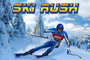 Narciarz w niebieskim kombinezonie zjeżdżający z ośnieżonego stoku górskiego, otoczony zaśnieżonymi drzewami, z napisem Ski Rush u góry