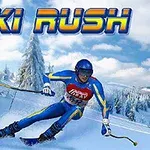 Narciarz w niebieskim kombinezonie zjeżdżający z ośnieżonego stoku górskiego, otoczony zaśnieżonymi drzewami, z napisem Ski Rush u góry