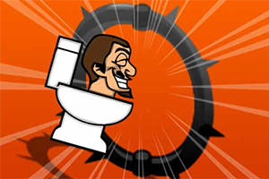 Postać z kreskówki w kibelku na pomarańczowym tle z czarnym okręgiem w tle