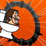 Postać z kreskówki w kibelku na pomarańczowym tle z czarnym okręgiem w tle