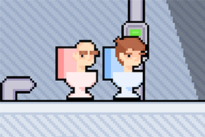 Dwie pikselowe postacie siedzące na toaletach, jedna na różowej, a druga na niebieskiej, w stylu retro